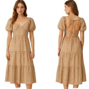 Puff sleeve Checkered Dress Tiered Skirt Shabby Chic Renaissance Maiden